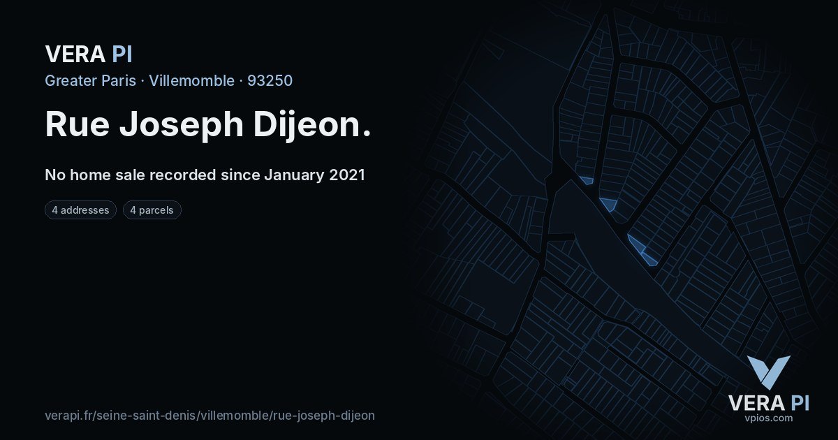Rue Joseph Dijeon, Villemomble at night – every parcel coloured by the prices around it, the street's own parcels lit
