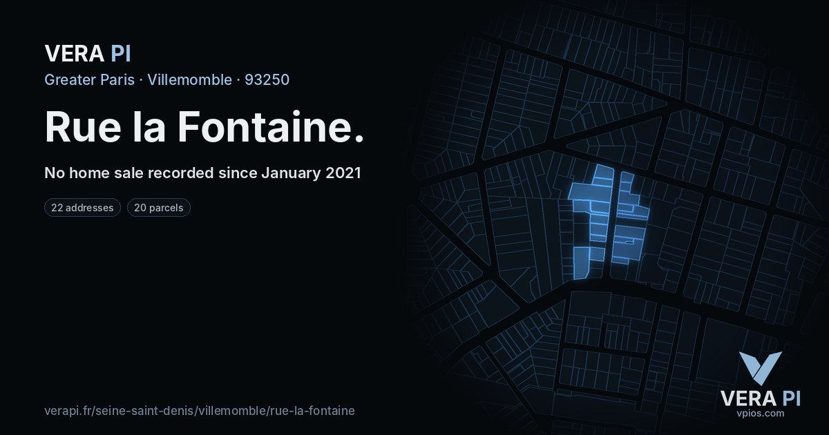 Rue la Fontaine, Villemomble at night – every parcel coloured by the prices around it, the street's own parcels lit