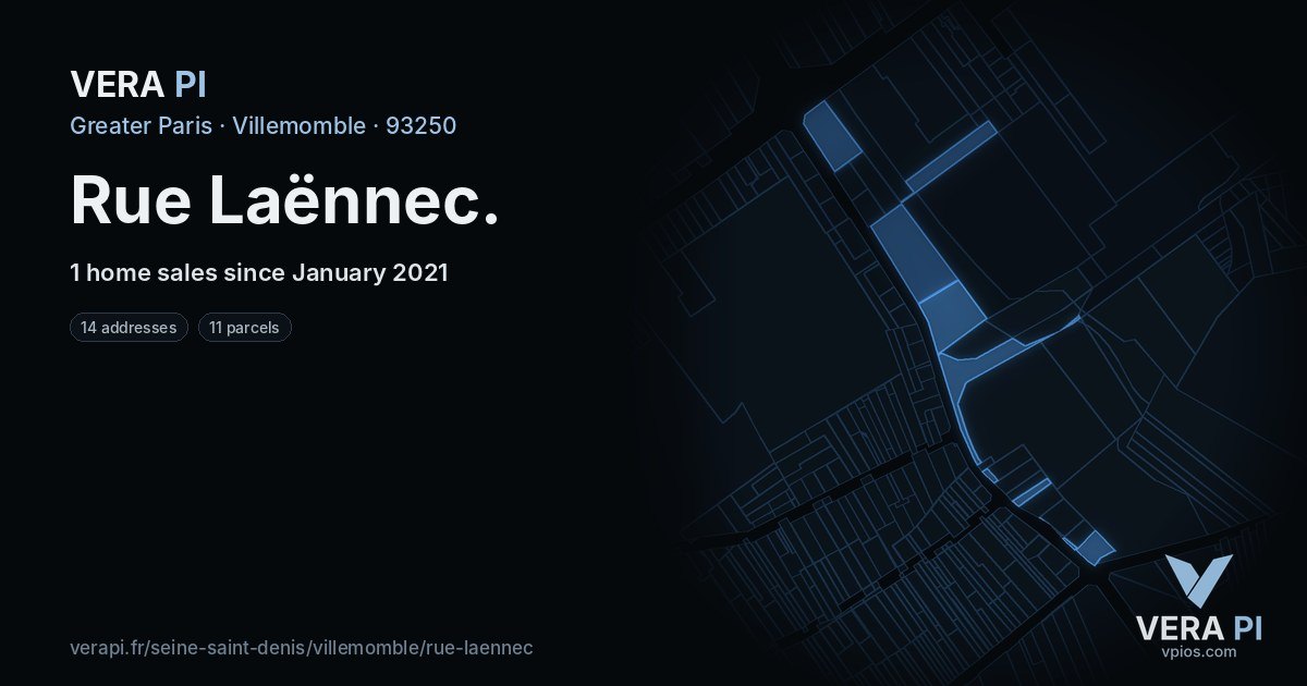 Rue Laënnec, Villemomble at night – every parcel coloured by the prices around it, the street's own parcels lit