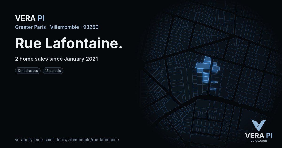 Rue Lafontaine, Villemomble at night – every parcel coloured by the prices around it, the street's own parcels lit