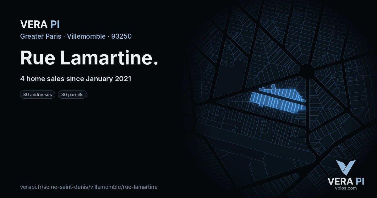Rue Lamartine, Villemomble at night – every parcel coloured by the prices around it, the street's own parcels lit