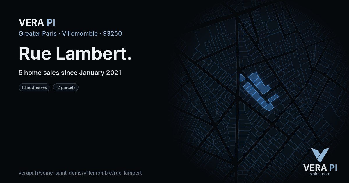 Rue Lambert, Villemomble at night – every parcel coloured by the prices around it, the street's own parcels lit
