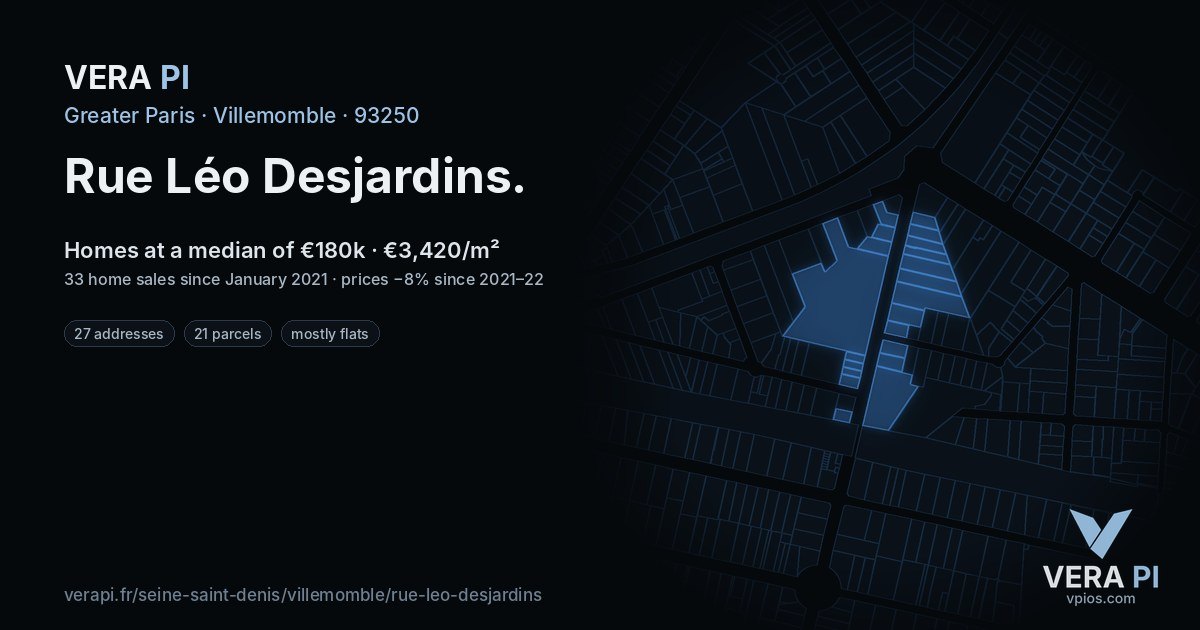 Rue Léo Desjardins, Villemomble at night – every parcel coloured by the prices around it, the street's own parcels lit