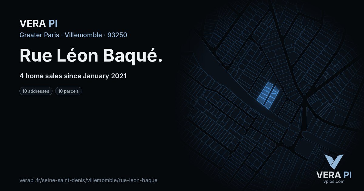 Rue Léon Baqué, Villemomble at night – every parcel coloured by the prices around it, the street's own parcels lit