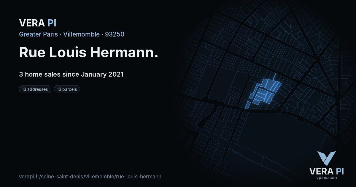 Rue Louis Hermann, Villemomble at night – every parcel coloured by the prices around it, the street's own parcels lit
