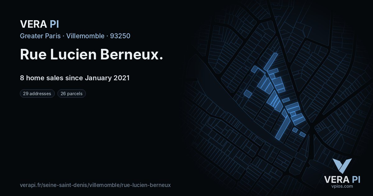 Rue Lucien Berneux, Villemomble at night – every parcel coloured by the prices around it, the street's own parcels lit