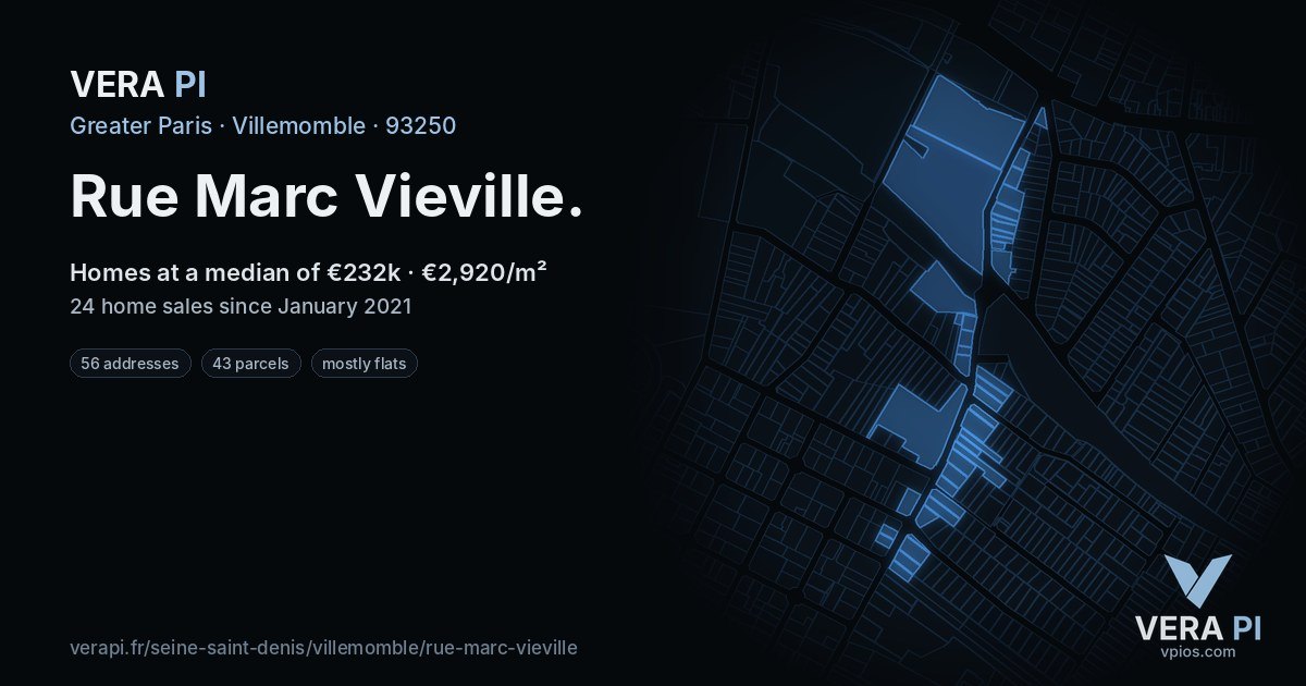 Rue Marc Vieville, Villemomble at night – every parcel coloured by the prices around it, the street's own parcels lit