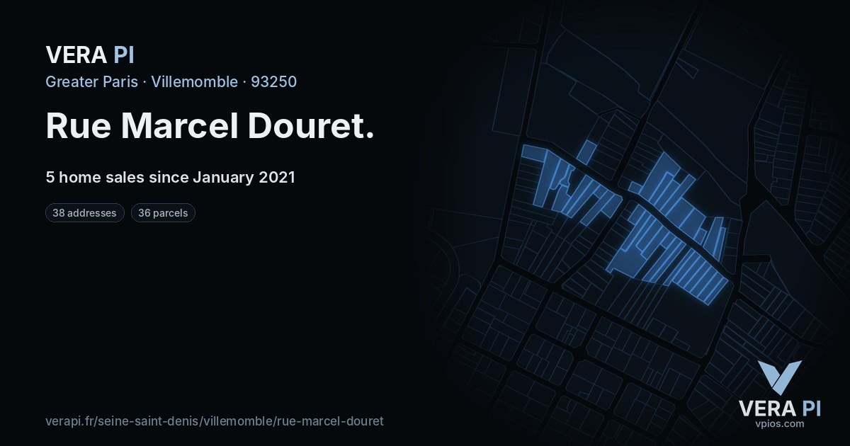 Rue Marcel Douret, Villemomble at night – every parcel coloured by the prices around it, the street's own parcels lit