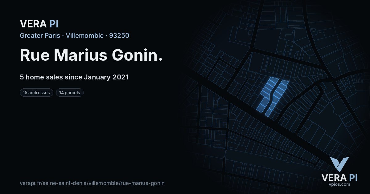 Rue Marius Gonin, Villemomble at night – every parcel coloured by the prices around it, the street's own parcels lit