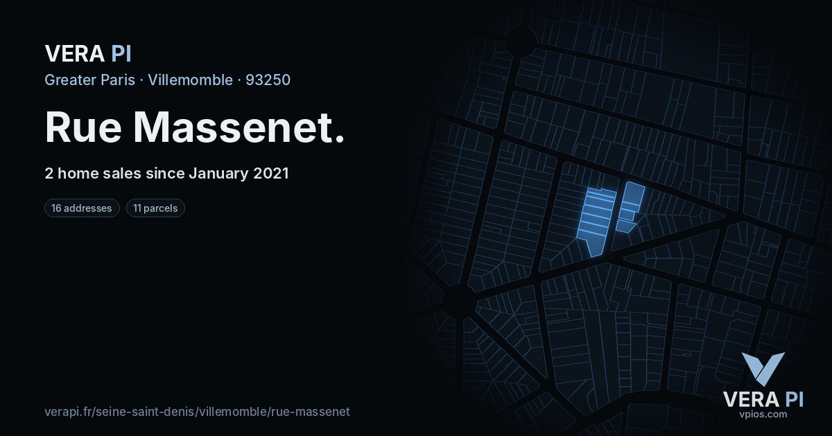 Rue Massenet, Villemomble at night – every parcel coloured by the prices around it, the street's own parcels lit