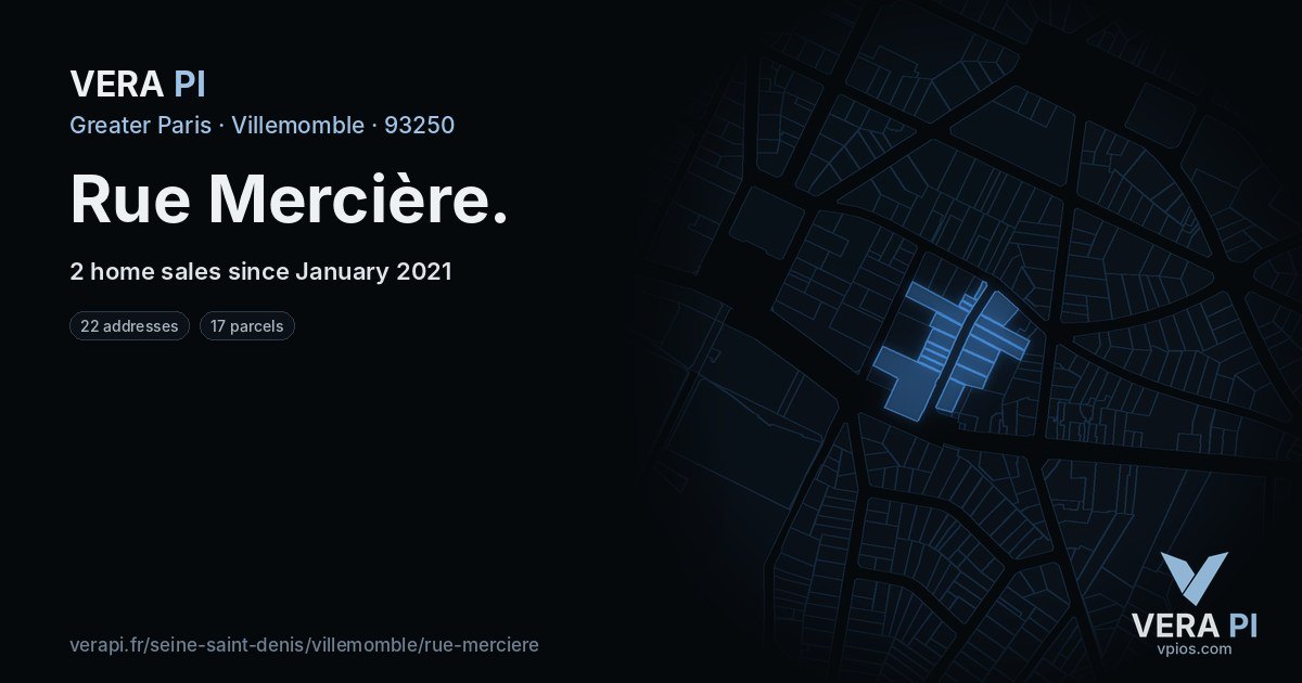 Rue Mercière, Villemomble at night – every parcel coloured by the prices around it, the street's own parcels lit