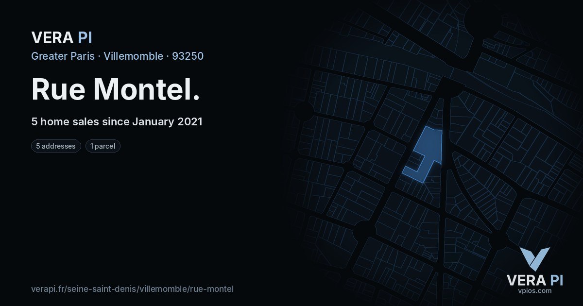 Rue Montel, Villemomble at night – every parcel coloured by the prices around it, the street's own parcels lit