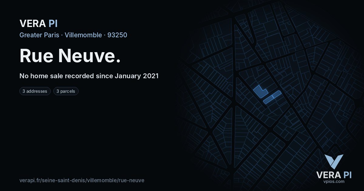 Rue Neuve, Villemomble at night – every parcel coloured by the prices around it, the street's own parcels lit