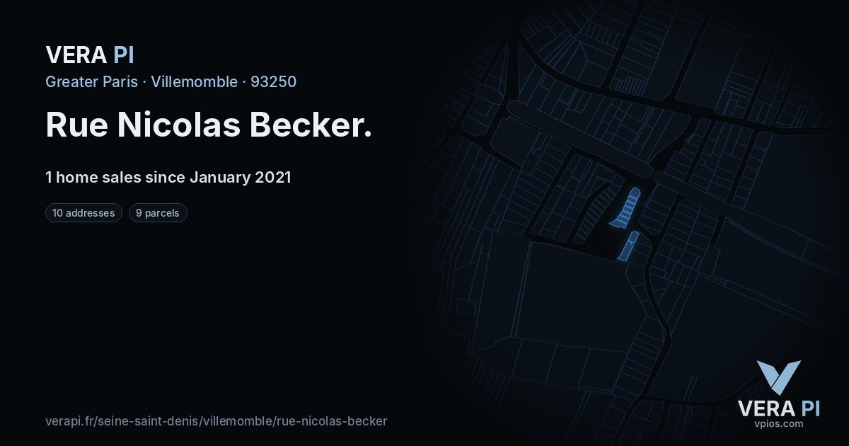 Rue Nicolas Becker, Villemomble at night – every parcel coloured by the prices around it, the street's own parcels lit