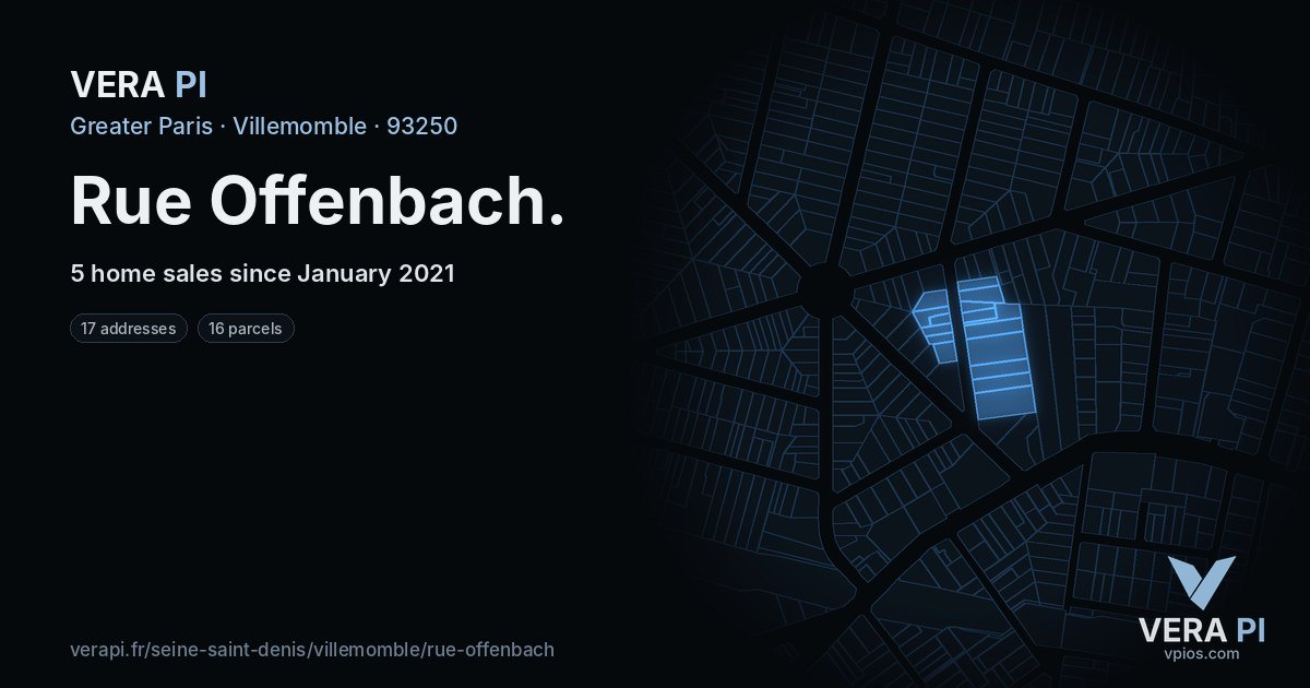Rue Offenbach, Villemomble at night – every parcel coloured by the prices around it, the street's own parcels lit