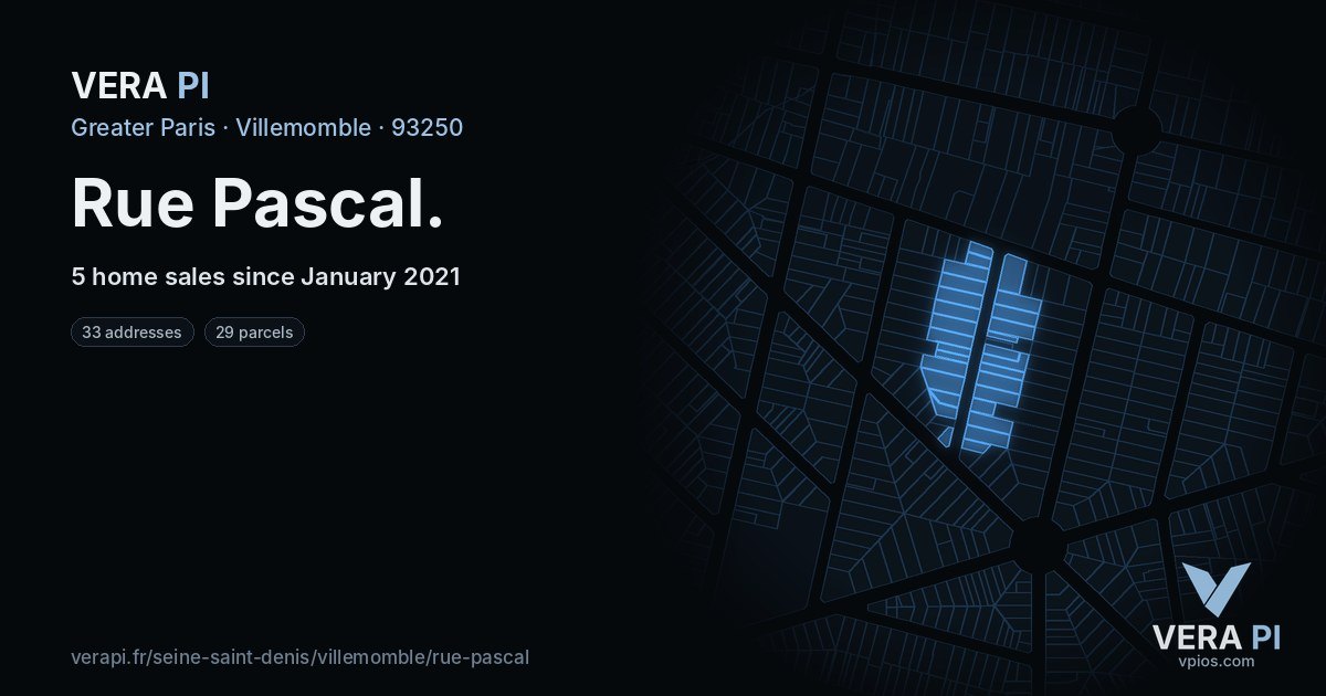 Rue Pascal, Villemomble at night – every parcel coloured by the prices around it, the street's own parcels lit
