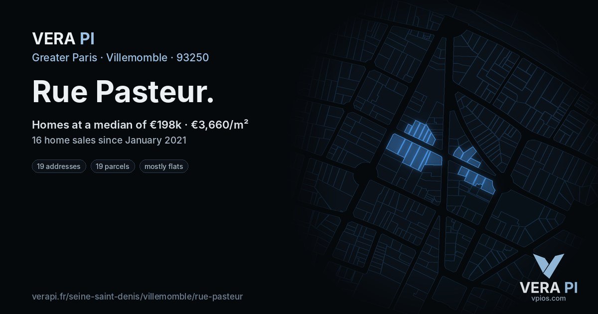 Rue Pasteur, Villemomble at night – every parcel coloured by the prices around it, the street's own parcels lit