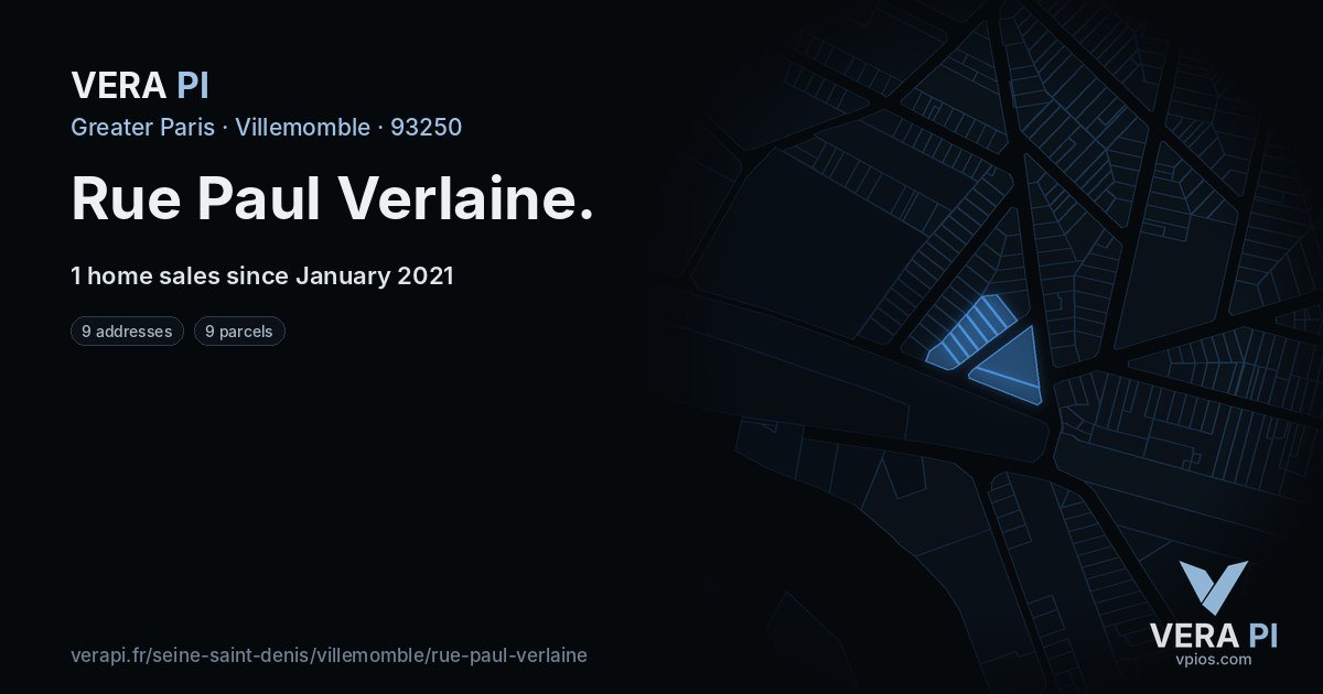 Rue Paul Verlaine, Villemomble at night – every parcel coloured by the prices around it, the street's own parcels lit
