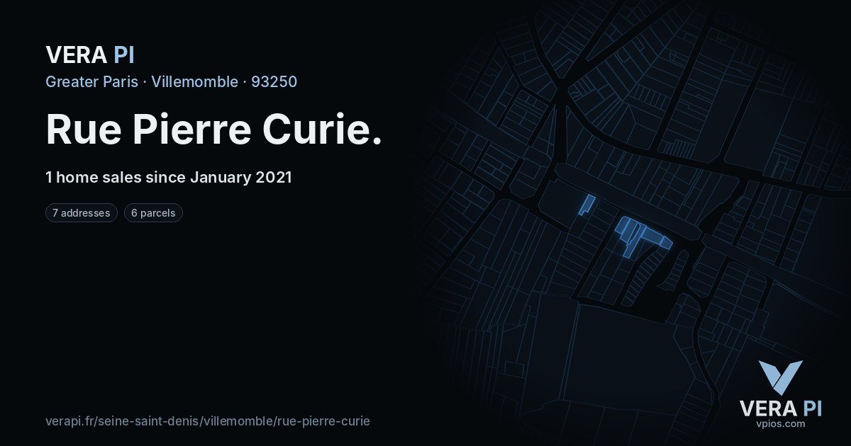 Rue Pierre Curie, Villemomble at night – every parcel coloured by the prices around it, the street's own parcels lit