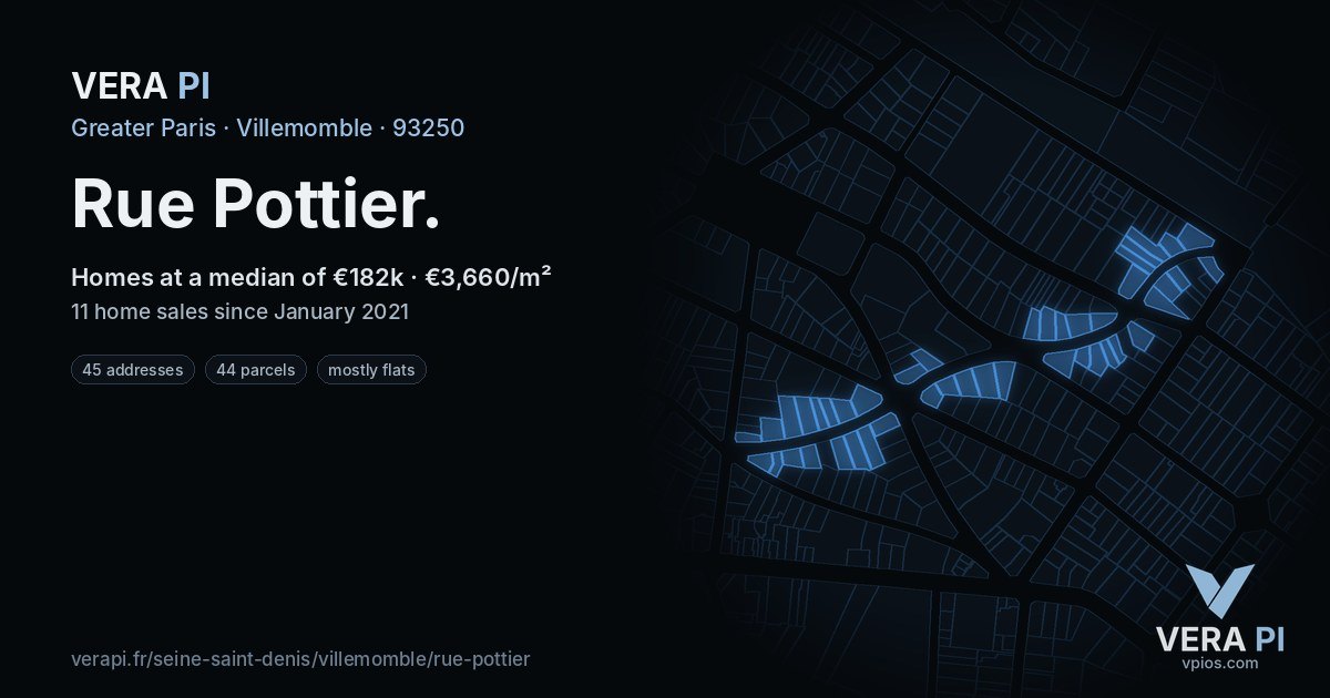 Rue Pottier, Villemomble at night – every parcel coloured by the prices around it, the street's own parcels lit