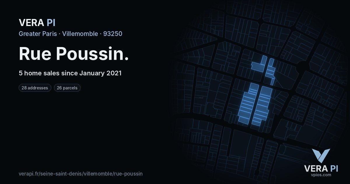 Rue Poussin, Villemomble at night – every parcel coloured by the prices around it, the street's own parcels lit