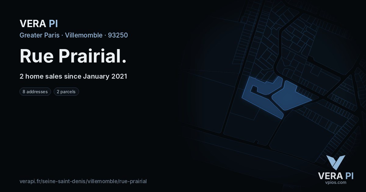 Rue Prairial, Villemomble at night – every parcel coloured by the prices around it, the street's own parcels lit