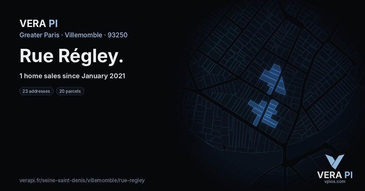 Rue Régley, Villemomble at night – every parcel coloured by the prices around it, the street's own parcels lit