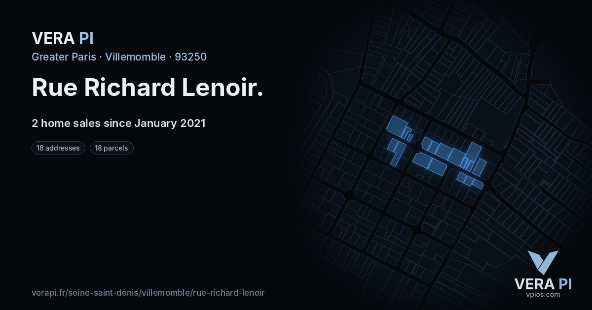Rue Richard Lenoir, Villemomble at night – every parcel coloured by the prices around it, the street's own parcels lit