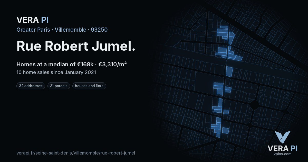 Rue Robert Jumel, Villemomble at night – every parcel coloured by the prices around it, the street's own parcels lit