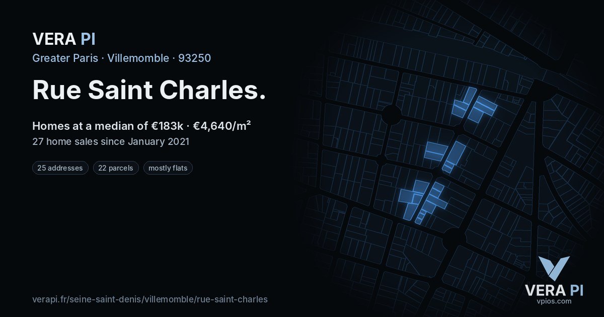 Rue Saint Charles, Villemomble at night – every parcel coloured by the prices around it, the street's own parcels lit