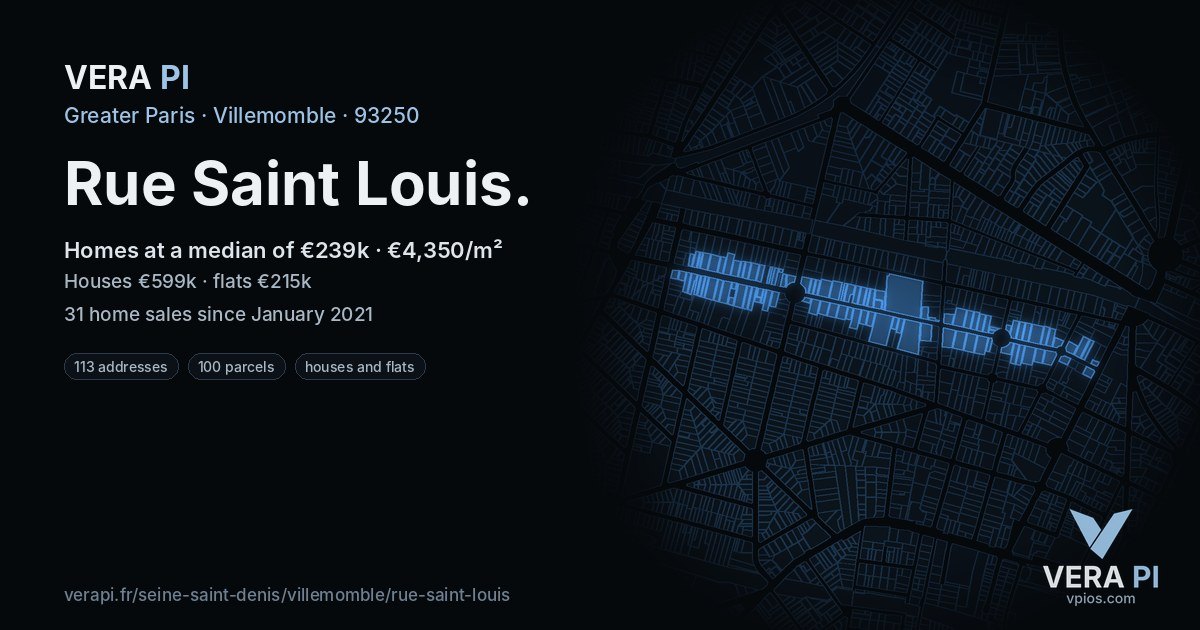 Rue Saint Louis, Villemomble at night – every parcel coloured by the prices around it, the street's own parcels lit