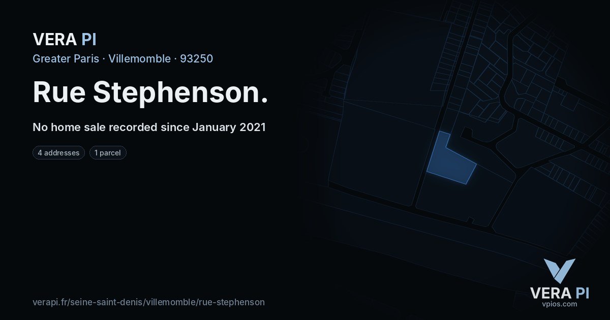 Rue Stephenson, Villemomble at night – every parcel coloured by the prices around it, the street's own parcels lit