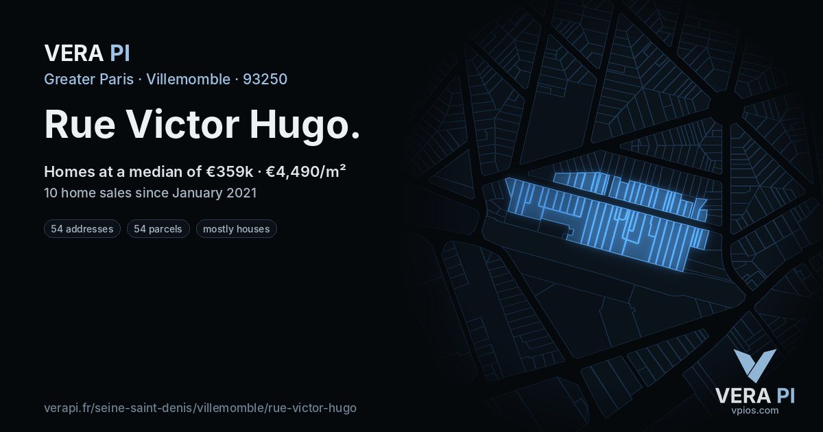 Rue Victor Hugo, Villemomble at night – every parcel coloured by the prices around it, the street's own parcels lit
