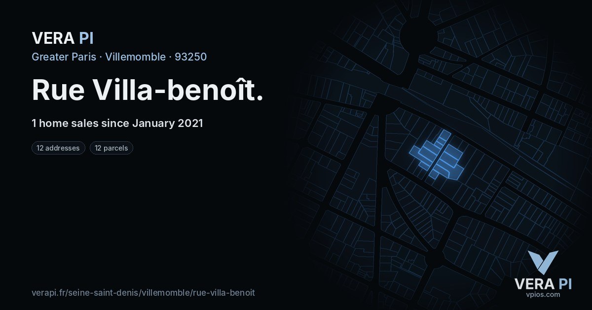 Rue Villa-benoît, Villemomble at night – every parcel coloured by the prices around it, the street's own parcels lit