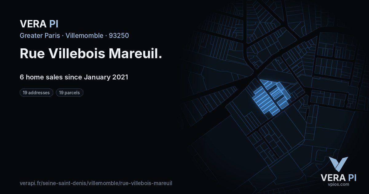 Rue Villebois Mareuil, Villemomble at night – every parcel coloured by the prices around it, the street's own parcels lit