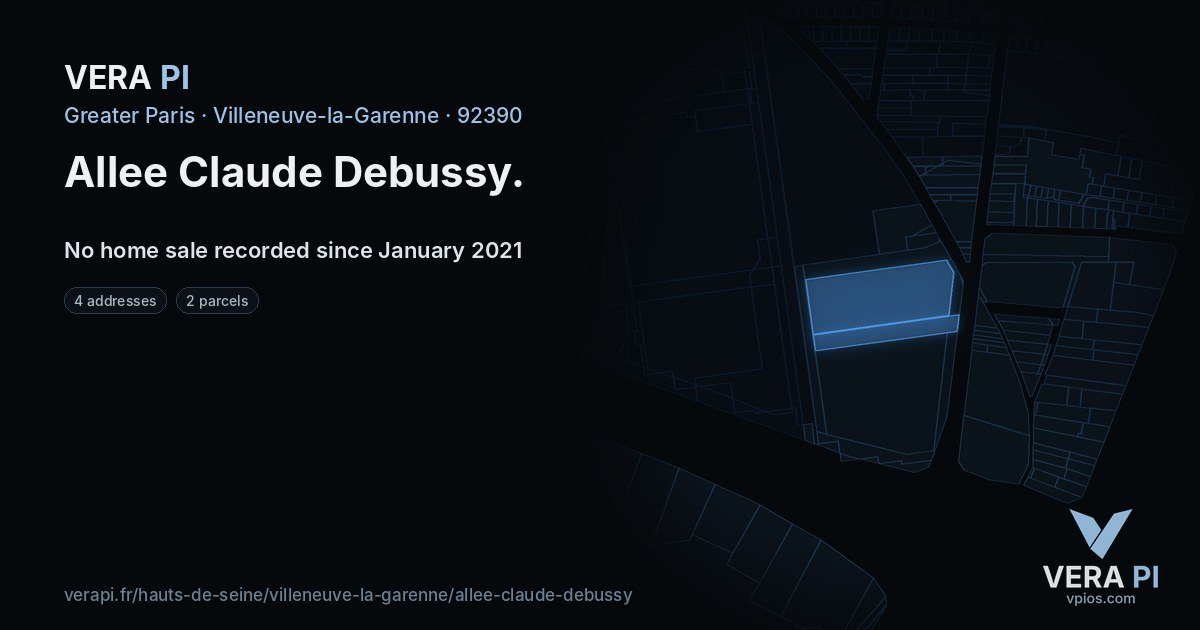 Allee Claude Debussy, Villeneuve-la-Garenne at night – every parcel coloured by the prices around it, the street's own parcels lit