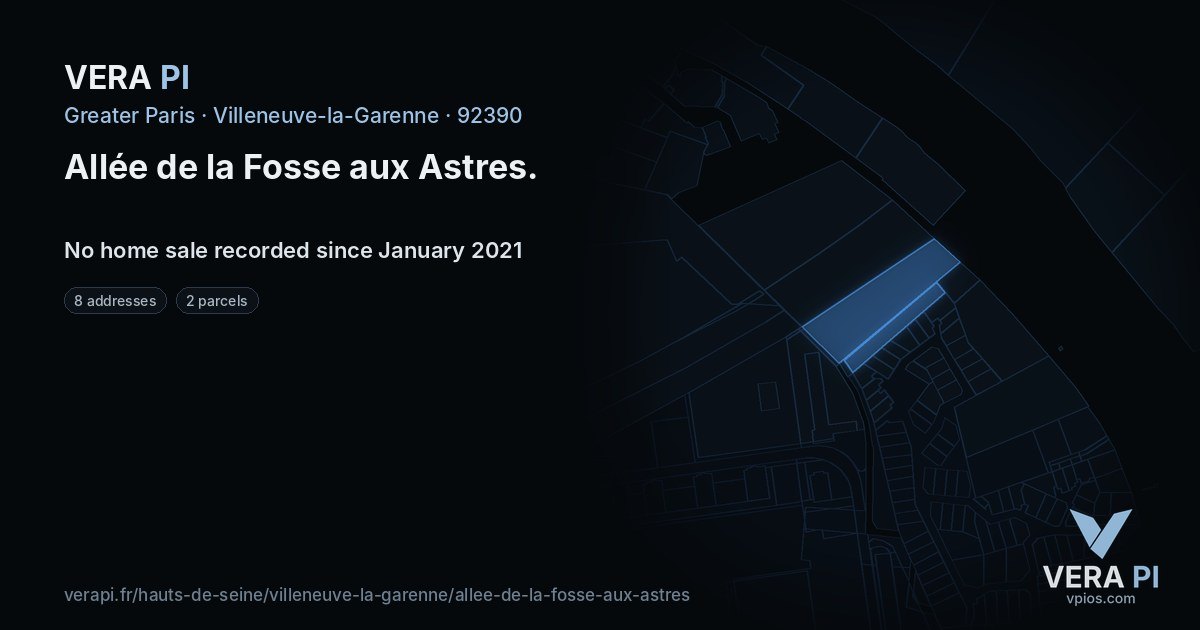 Allée de la Fosse aux Astres, Villeneuve-la-Garenne at night – every parcel coloured by the prices around it, the street's own parcels lit
