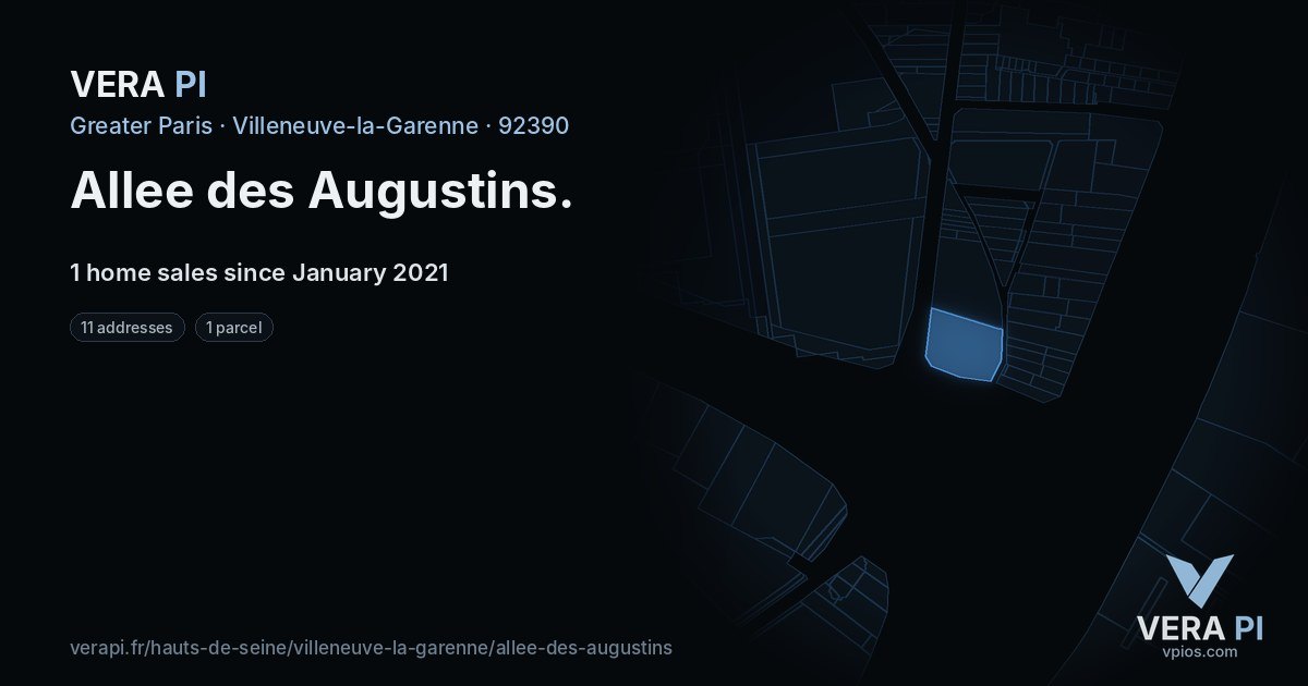 Allee des Augustins, Villeneuve-la-Garenne at night – every parcel coloured by the prices around it, the street's own parcels lit