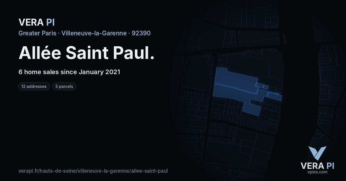Allée Saint Paul, Villeneuve-la-Garenne at night – every parcel coloured by the prices around it, the street's own parcels lit