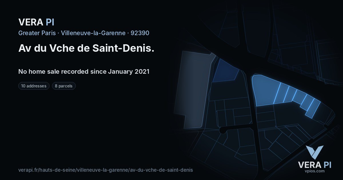 Av du Vche de Saint-Denis, Villeneuve-la-Garenne at night – every parcel coloured by the prices around it, the street's own parcels lit