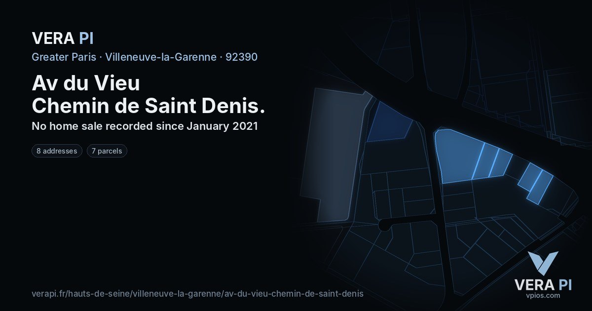 Av du Vieu Chemin de Saint Denis, Villeneuve-la-Garenne at night – every parcel coloured by the prices around it, the street's own parcels lit