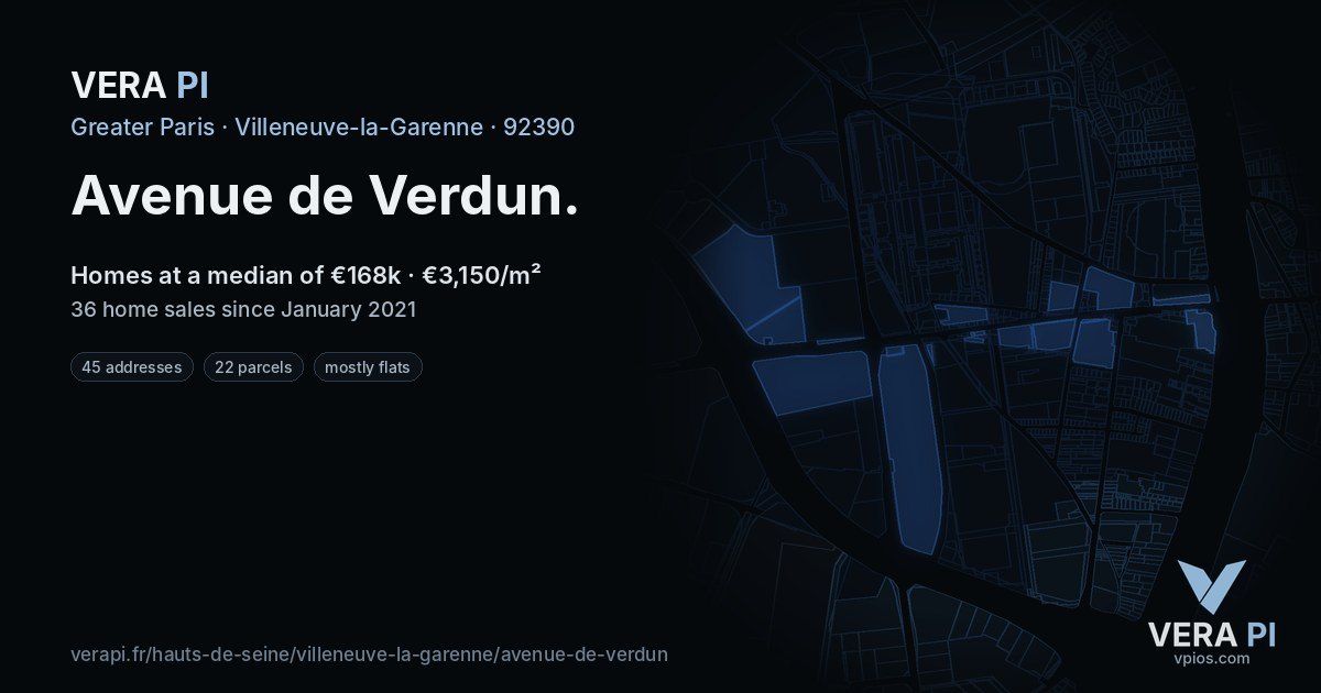 Avenue de Verdun, Villeneuve-la-Garenne at night – every parcel coloured by the prices around it, the street's own parcels lit