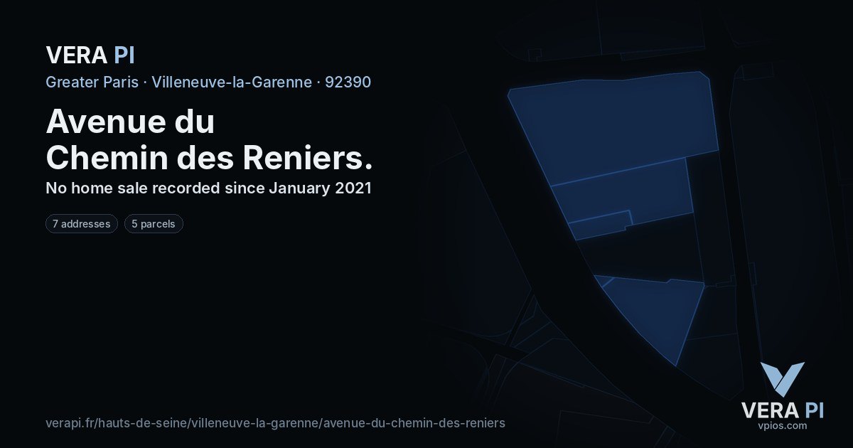 Avenue du Chemin des Reniers, Villeneuve-la-Garenne at night – every parcel coloured by the prices around it, the street's own parcels lit