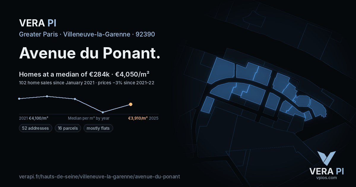 Avenue du Ponant, Villeneuve-la-Garenne at night – every parcel coloured by the prices around it, the street's own parcels lit