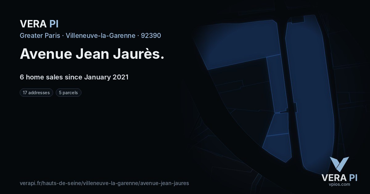 Avenue Jean Jaurès, Villeneuve-la-Garenne at night – every parcel coloured by the prices around it, the street's own parcels lit