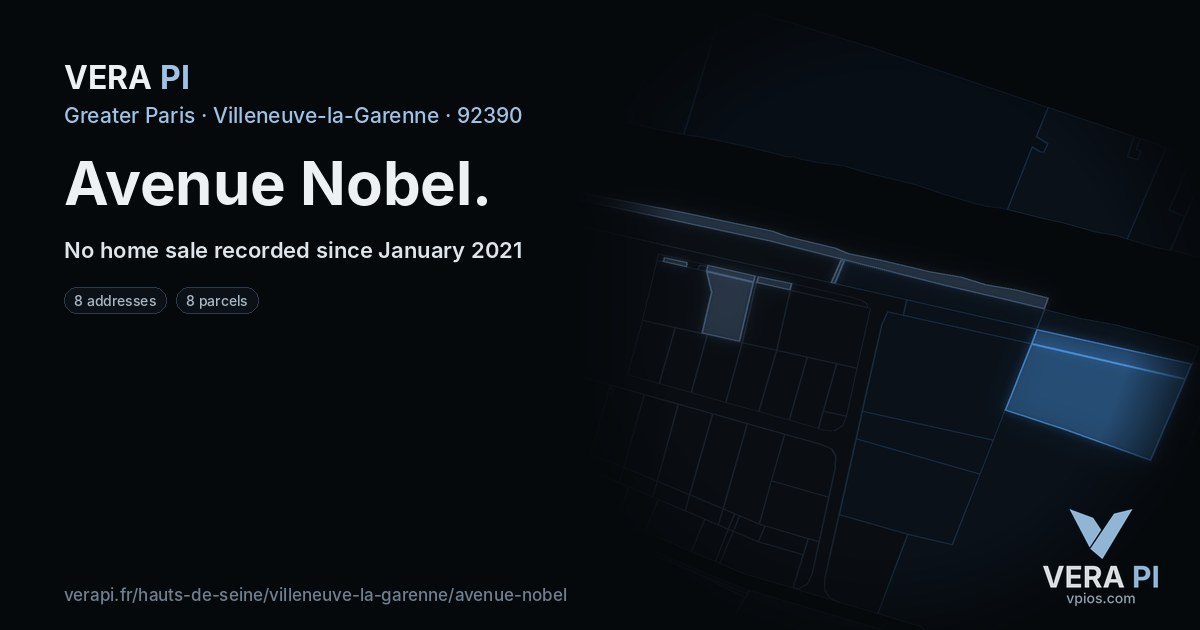 Avenue Nobel, Villeneuve-la-Garenne at night – every parcel coloured by the prices around it, the street's own parcels lit