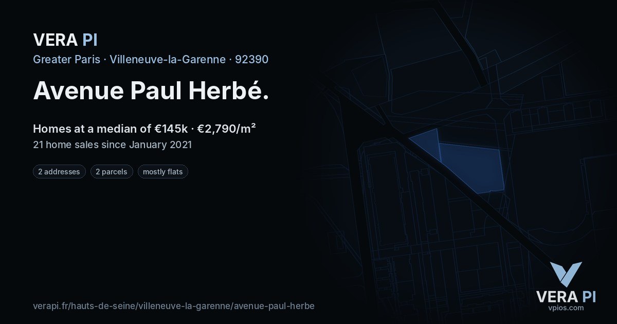 Avenue Paul Herbé, Villeneuve-la-Garenne at night – every parcel coloured by the prices around it, the street's own parcels lit