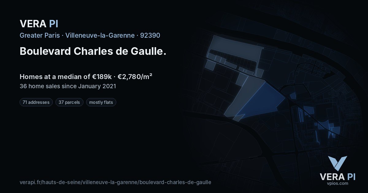 Boulevard Charles de Gaulle, Villeneuve-la-Garenne at night – every parcel coloured by the prices around it, the street's own parcels lit