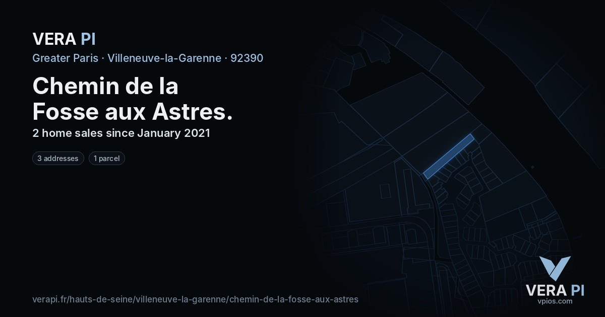 Chemin de la Fosse aux Astres, Villeneuve-la-Garenne at night – every parcel coloured by the prices around it, the street's own parcels lit