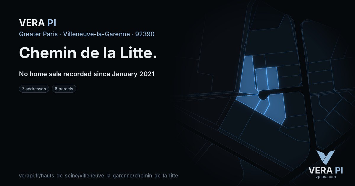 Chemin de la Litte, Villeneuve-la-Garenne at night – every parcel coloured by the prices around it, the street's own parcels lit